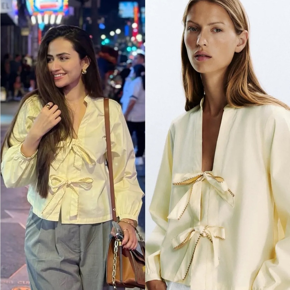 Zara Pale Yellow Bow-Front Long Sleeve Top